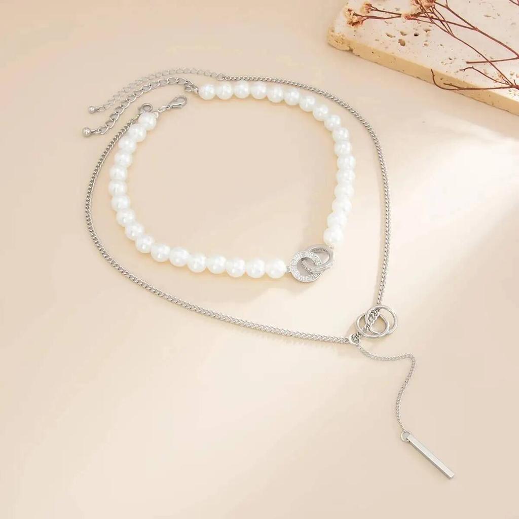 Salircon Exquisite Elegant Baroque Imitation Pearl Choker Necklace Trendy Silver Color Geometry Pendant Neck Accessories Jewelry