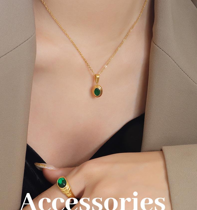 French Retro Gemstone Necklace & Ring Set - Gold-Plated Titanium Steel with Red & Green Zirconia.