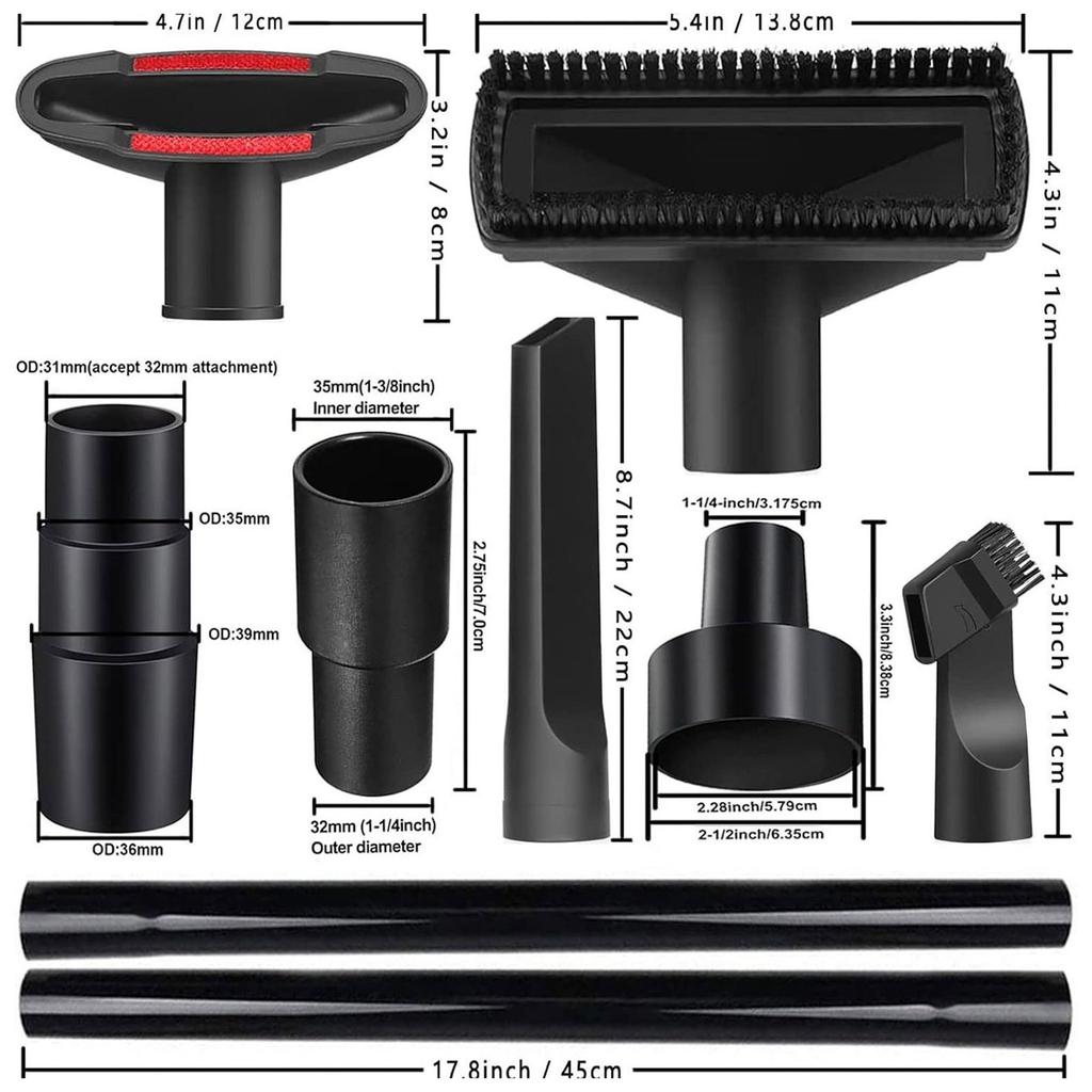12Pcs Vacuum Attachments Kits High Efficiency Hose Connectors Including Crevice Nozzle, Car Nozzle And Upholstery Brush