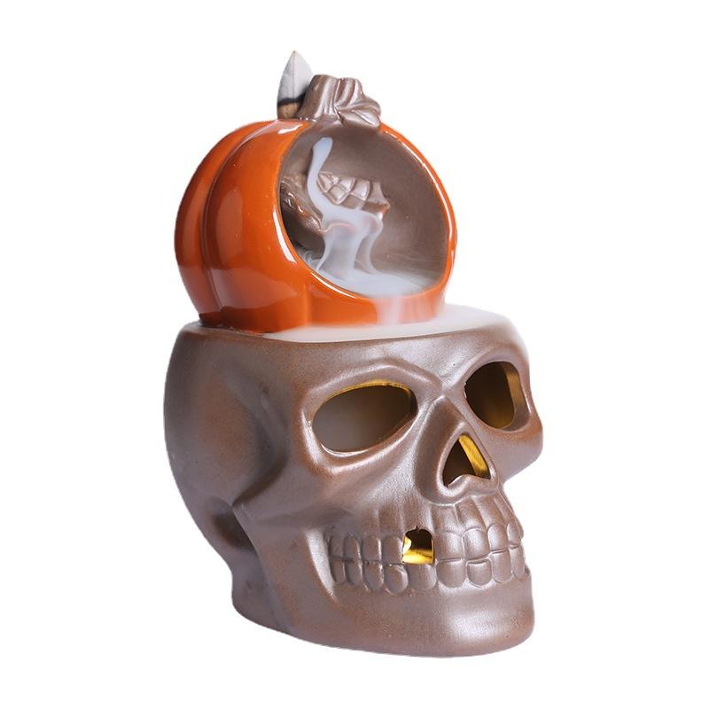 Skull Pumpkin LED Light Backflow Censer Ceramic Craft Creative Halloween Gift with Mesmerizing Skull Table Decoration