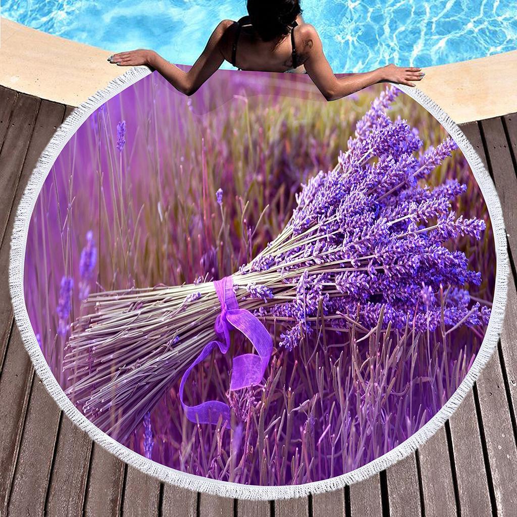 Purple Flower Lavender Round Beach Towel, Microfiber Beach Blanket Absorbent Quick Dry Swim Pool Bath Circle Towel with Tassels