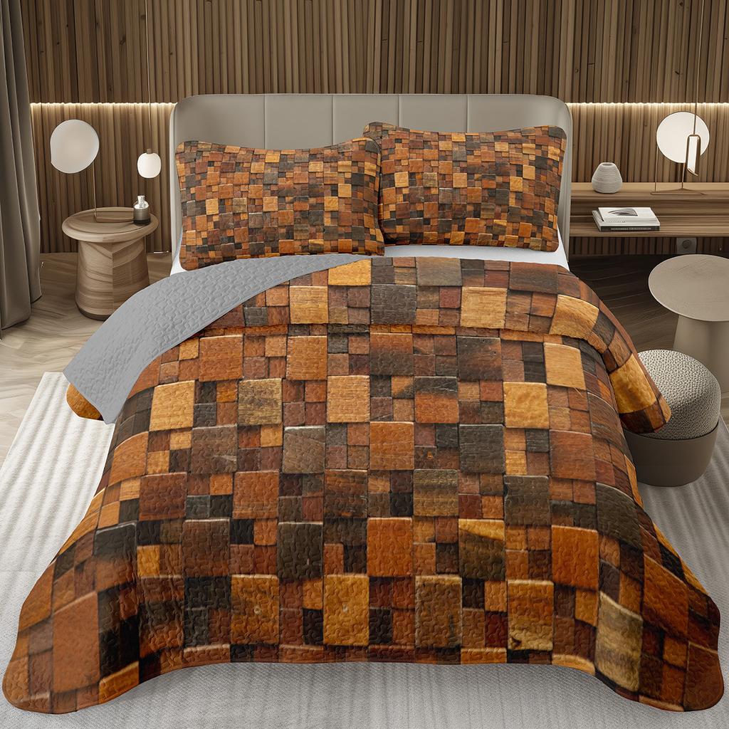 Wood Barn Door Bedspread Queen/Twin Wood Grain Quilted Coverlet Retro Rustic Farmhouse Bedding Set Reversible Grey Quilt Set