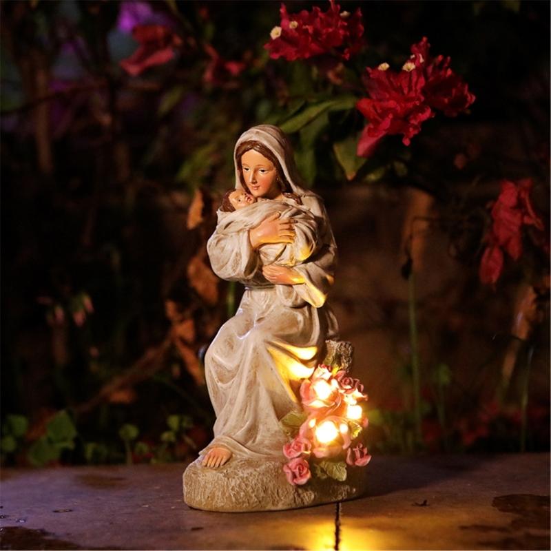 Artistic Religious Mother Son Statue Resins Figurine with LED Light Nursery Decors Mother Day Present For New Mom