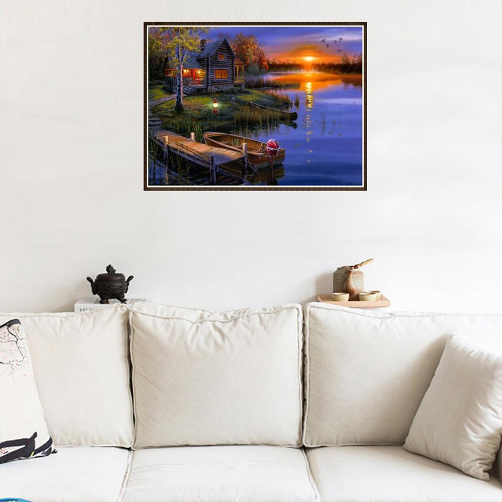5D Sunset Lake House Rhinestone Stitch Crystal Scenery Embroidery Diamond Painting Room Decorative Resin Needlework