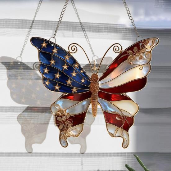 Independence Day Butterfly Suncatcher Ornament Faux Stained Glass Acrylic Window Pendant Patriotic Butterfly Suncatcher for Wall Window