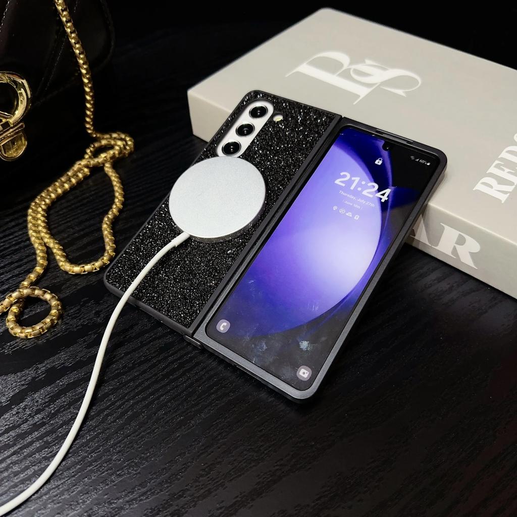 Sparkling Diamond Brilliant Phone Case for Samsung Galaxy Z Fold 7 6 5 4 3 Fold7 TPU Soft Edge Magnetic Cover Women Girl
