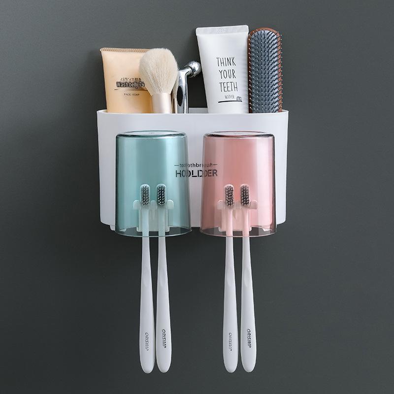 

Wall-Mounted Toothbrush Holder & Toothpaste Squeezer with Rinsing Cup and Storage Shelf