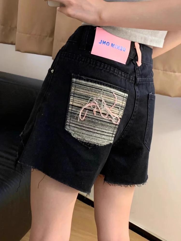 High-Waisted Vintage Ripped Black Denim Shorts - Women's 2025 Wide-Leg Summer Collection.