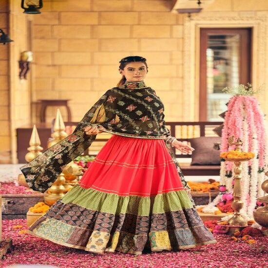 Vibrant Multi-Tiered Lehenga Set with Embellished Top & Dupatta