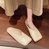 Brown Bag Head Half Slippers Women's 2025 Spring New Retro Square Head Flat Bottom Small Leather Shoes Temperament British Style Single Shoes