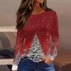 Women's Fashion Casual Slit Hem Round Neck Long Sleeve Loose Christmas Printed T-Shirt Ladies Top