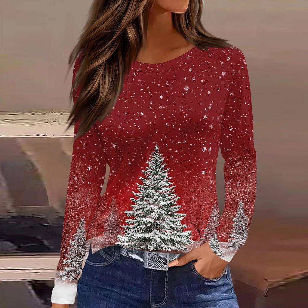 Women's Fashion Casual Slit Hem Round Neck Long Sleeve Loose Christmas Printed T-Shirt Ladies Top