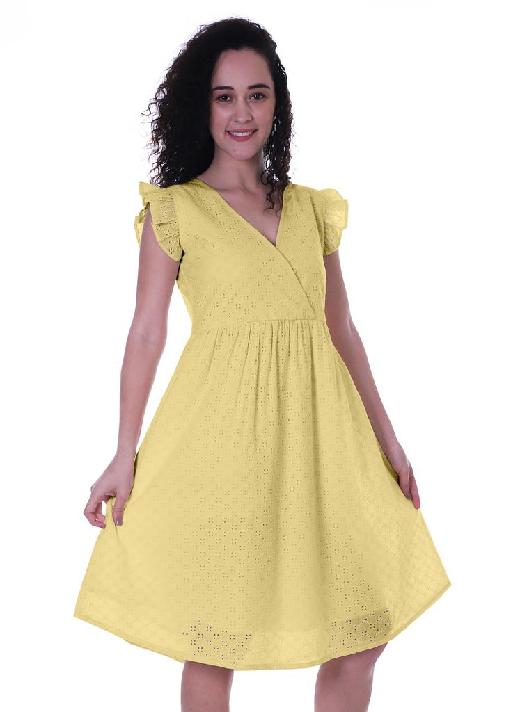 Moomaya Schiffli Dress Frill Sleeve W  V-neck Casual Relaxed Summer Garden