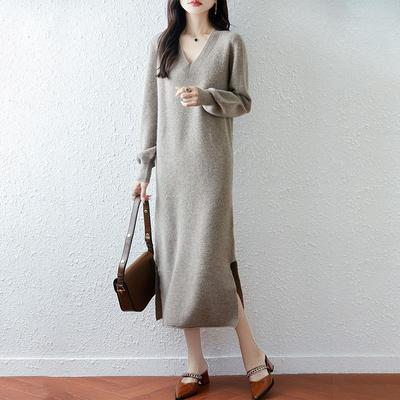 Women Sweater Dress 100% Wool V-neck Knit Long Pullover Winter Jumpers Wool Long Dress Female