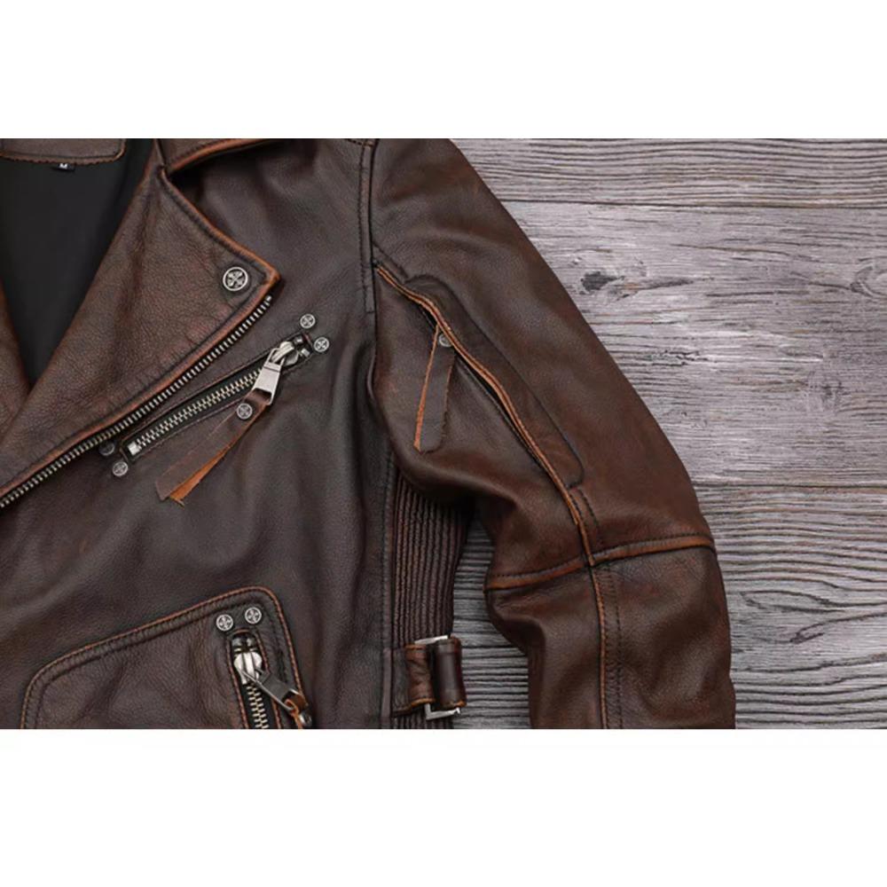 Chinese Size Heavy Motorcycle Jacket Natural Cowhide Leather Top Layer Brown Causal Vintage Retro Moto Suit Leather Coat Winter