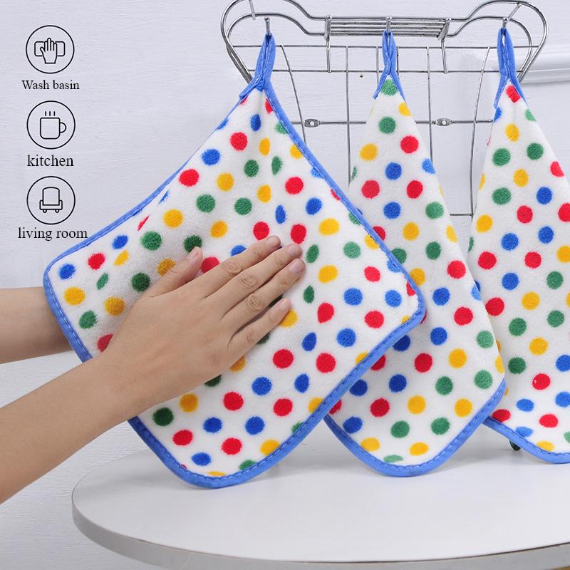 New Round Dot Coral Fleece Cloth Kitchen Dishwashing Cloth Thickened Absorbent Dishwashing Square Towel Household Towel with Hanging Rope Hand Towel