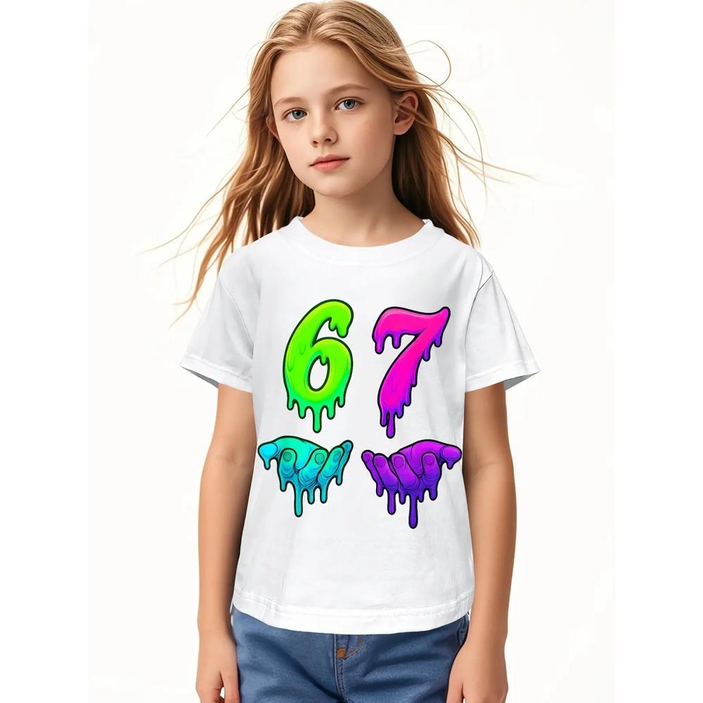 Children's Clothing 67 Christmas Elf Print Girls Short Sleeve Round Neck Tee Parties Casual Wear Comfort Children Clothes Girl