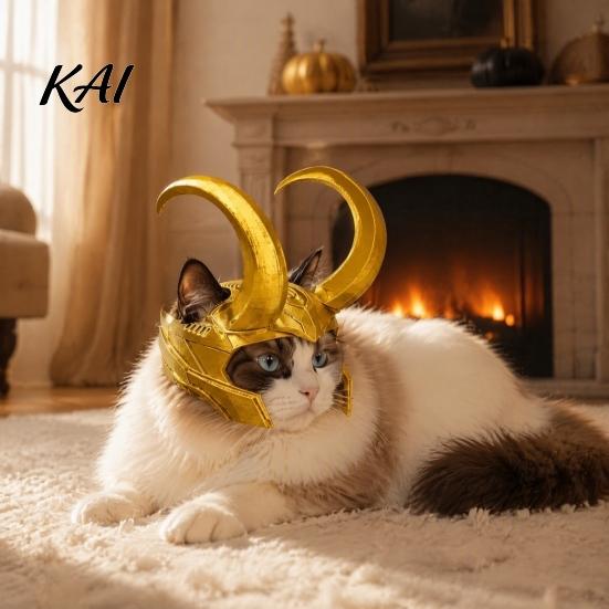 Cosplay Pet Headwear Cat Horn Crown Helmet, Golden Headpiece, with Ear Holes, Photo Props Funny Helmet for Halloween Theme Parties Costume Accessories
