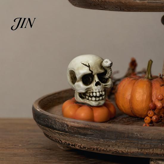 Collectible Halloween Figures Spooky Figurine, Small Resin Rotating Ghost Skull Pumpkin Gravestone Decorative Centerpieces Statue, Tabletop
