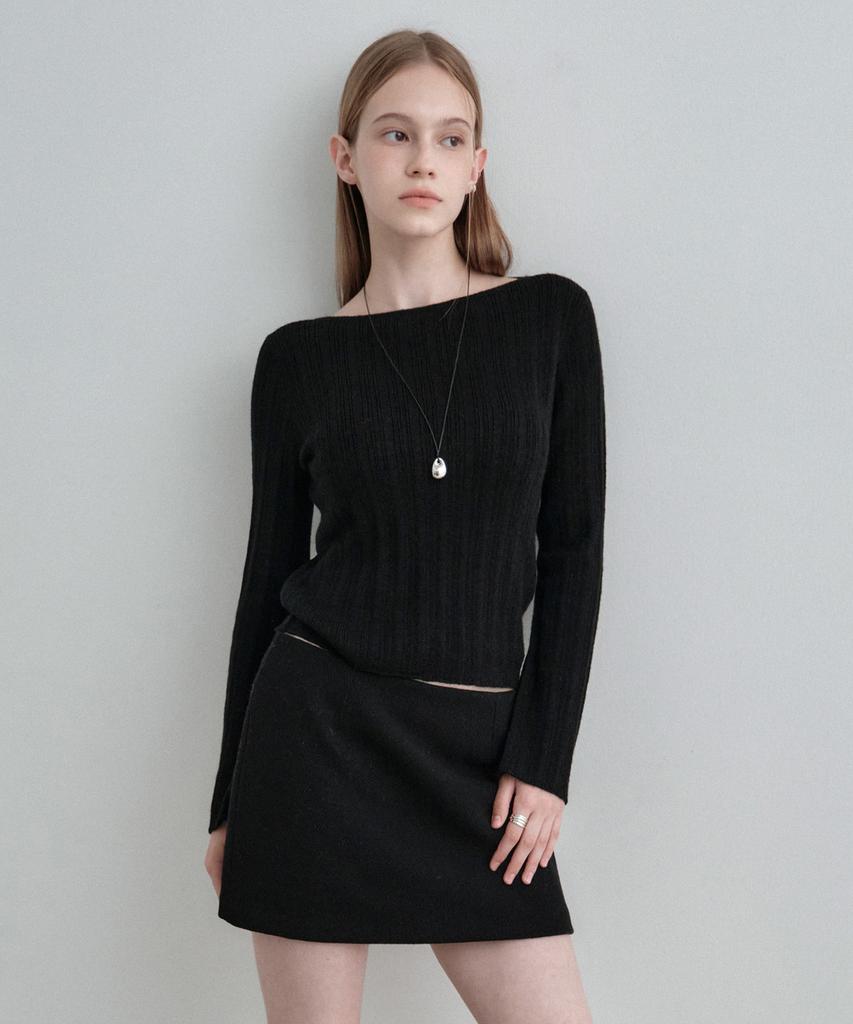 MONGDOL Boat Neck Alpaca Ribbed Knit Top Black Mdkt118Black