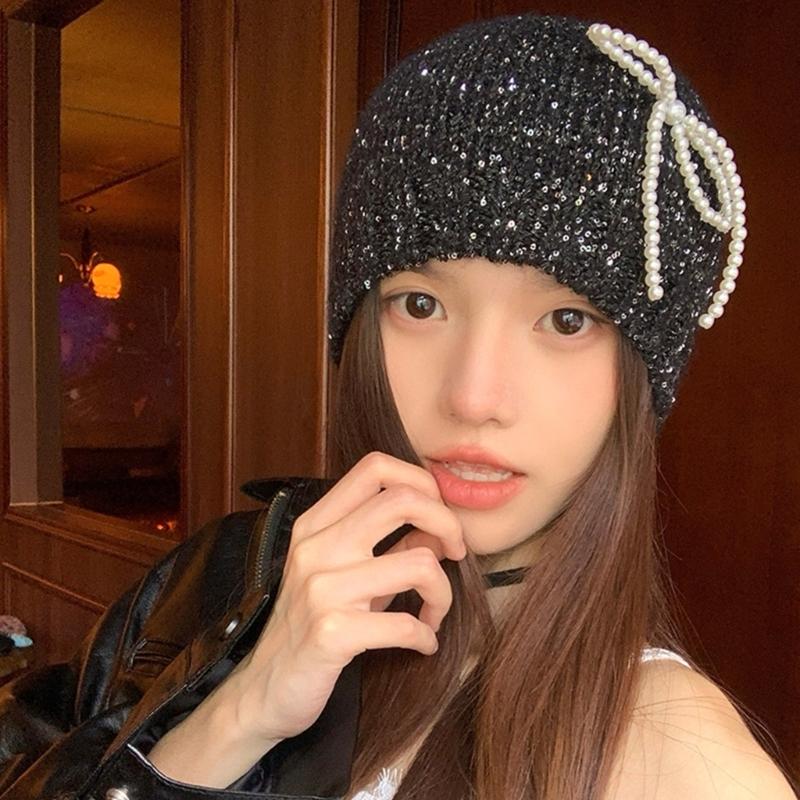 Pearls Bows Knitted Hat Elegant Ladies Hat Comfortable Soft Hat Flaring Glitter Hat for Men and Women