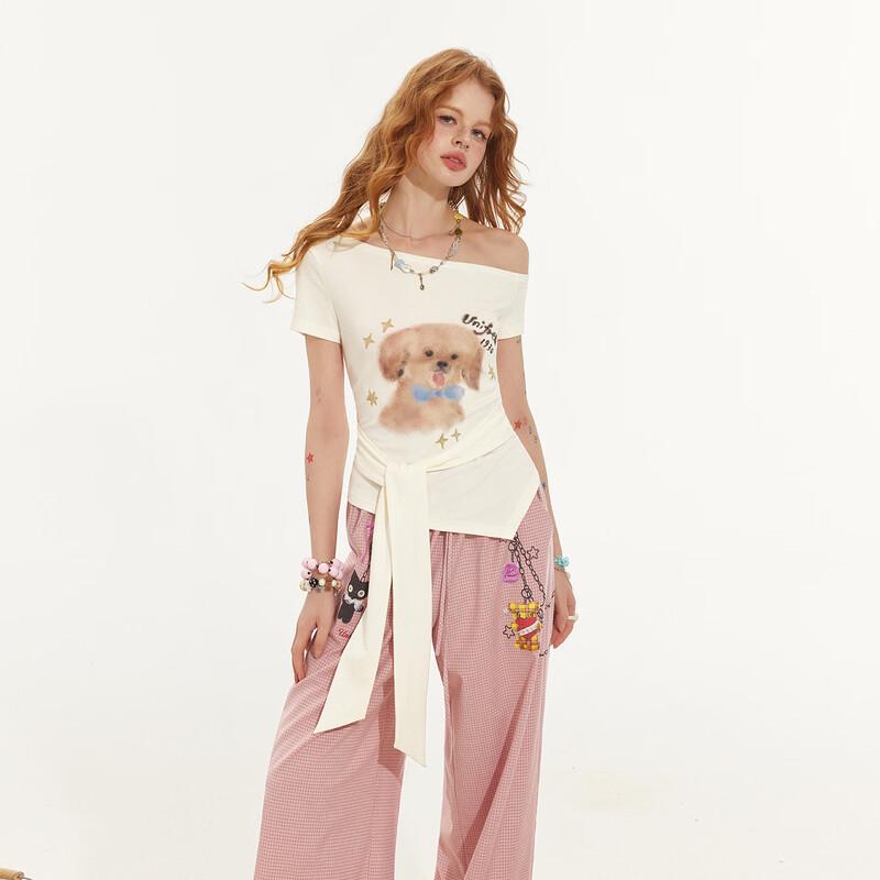 UNIFREE 2026 Summer Cute Pet Print Off-Shoulder T-Shirt