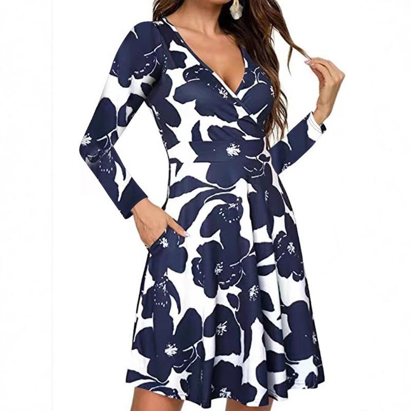 Women Elegant V Neck Floral Print Pocket Loose Long Dress