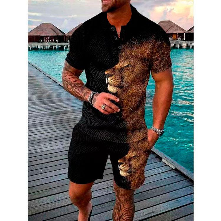 New Men'S Summer Fashion Casual Polo Shirt Collar Casual Set Collar Shorts Set Sports Men'S Solid Color T-Shirt Shorts Running Training Set