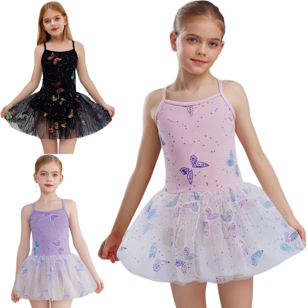 Girls Ballet Tutu Dress Cross Back Shiny Sequin Butterfly Embroidery with Built In Briefs