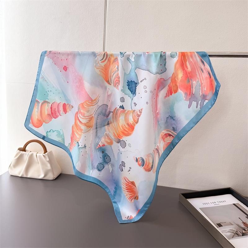 high-end feeling 70 small square cloth ocean print imitation silk scarf shawl neck scarf neck scarf scarf for women