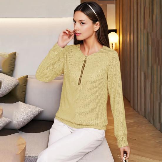 Women Tops Round Neck Zipper Half Placket Long Sleeve Pullover Tops Solid Color Shiny Sequins Loose Fit Blouse