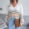 Loose Rainbow Striped Women Sweater V Neck Long Sleeve Fall Winter S-L