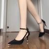 Women Sandals High Quality Solid Color Shoes Pointed Toe Shallow Mouth Hollow Sandals One-word Buckle Strap Stiletto Heels Women