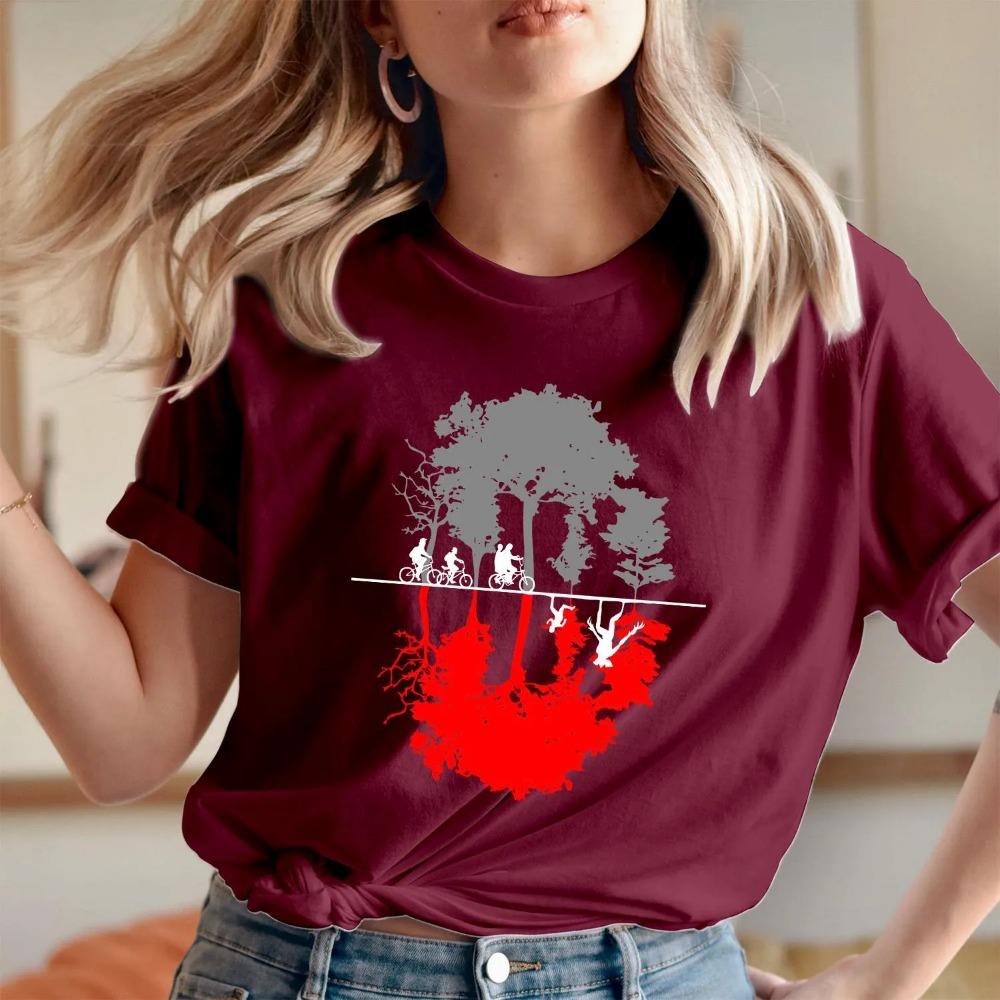 Inverted World Theme T-shirt - Fun Neutral Pure Cotton T-shirt with Printed Short Sleeves Designed for Women's Daily Wear