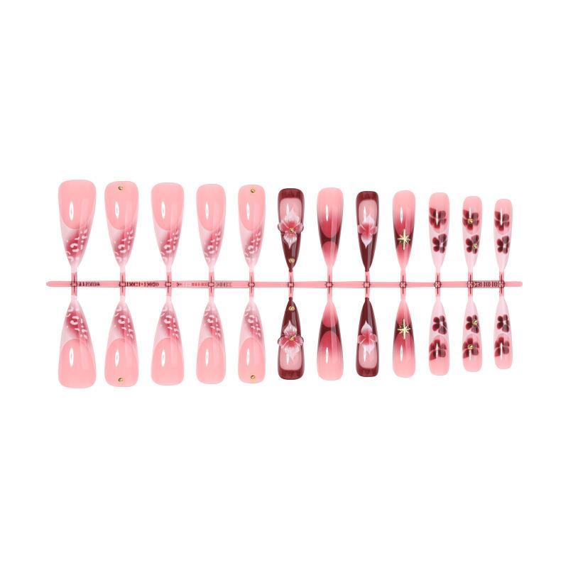 24 Pieces Long Pointed Wearing Nail 3D Three-dimensional Flower Fake Nail Patch French Manicure Gold Pure Handmade Wearing Nail