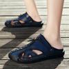 Men Outdoor Hiking Sandals Brown Leather Closed Toe Blue Beach Shoes Walking Handmade Sandals Plus Size