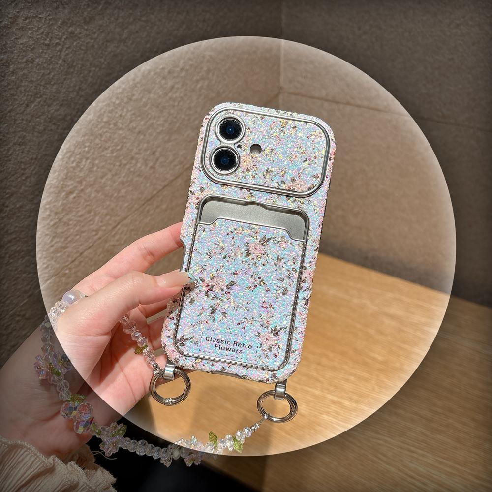 KEYSION Women Girl's Flower Phone Case for iPhone 14 15 16 17 Pro Max Card Holder Bag Shockproof Cover with Bead Bracelet Chain