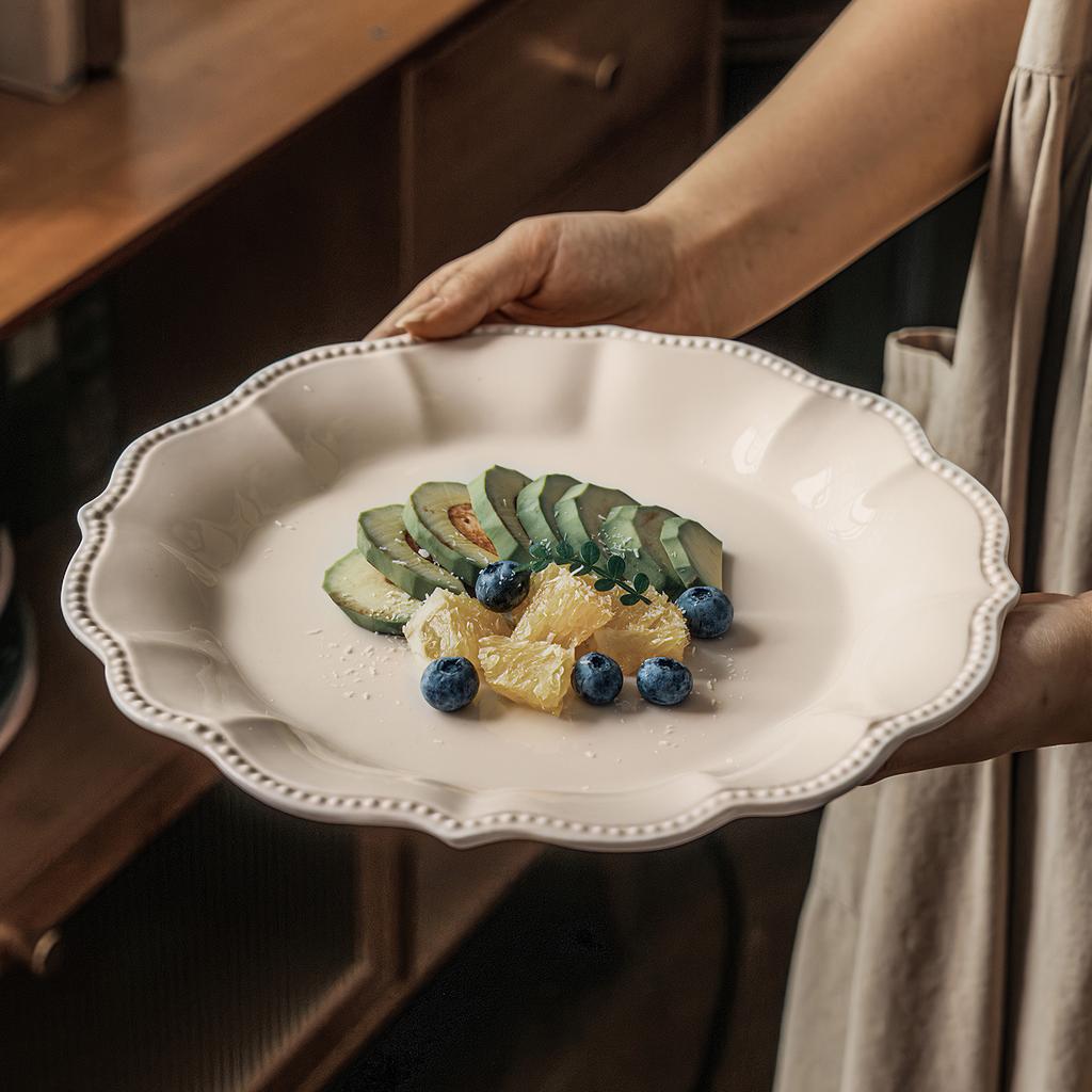 French Lace Relief Large Plate Light Luxury Ceramic Plate Plate Tableware Pasta Plate Household Large Vegetable Plate Plate