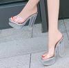 Frauen Dicke High Heels Flacher Mund Kristall Transparent Sexy Bühne Laufsteg 13 cm Absatz 3,5 cm Plattform WZ