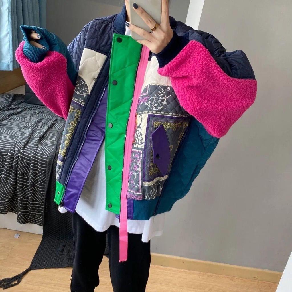 Zimowa damska patchworkowa kontrastowa kurtka Baseballowa wełna jagnięca Luźne ciepłe płaszcze z nietoperzami