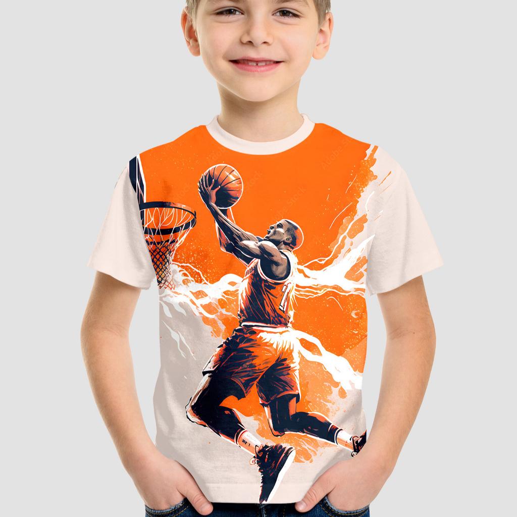 Summer Round Neck Basketball Pattern 3D Printed Top Fashionable Casual Short Sleeved Children's Boy T-shirts