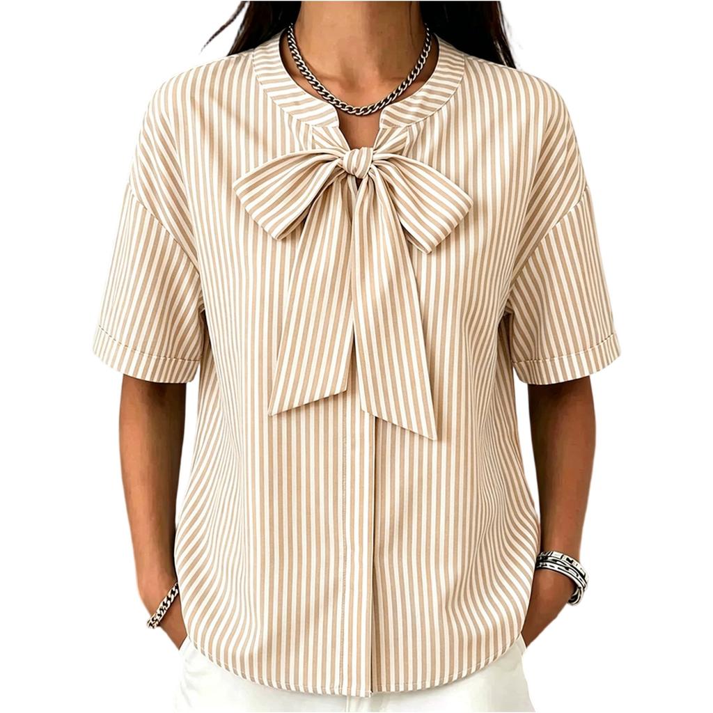 Women Loose Fit Striped Short Sleeve Blouse with Bow Tie Front Casual Relaxed Fit Top for Everyday Wear Office Work