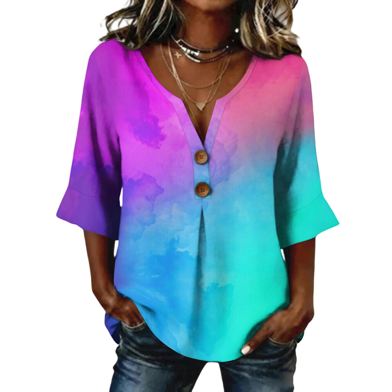 

Ladies cross dyed printed button casual V-neck fashionable seven quarter sleeve top XXL
