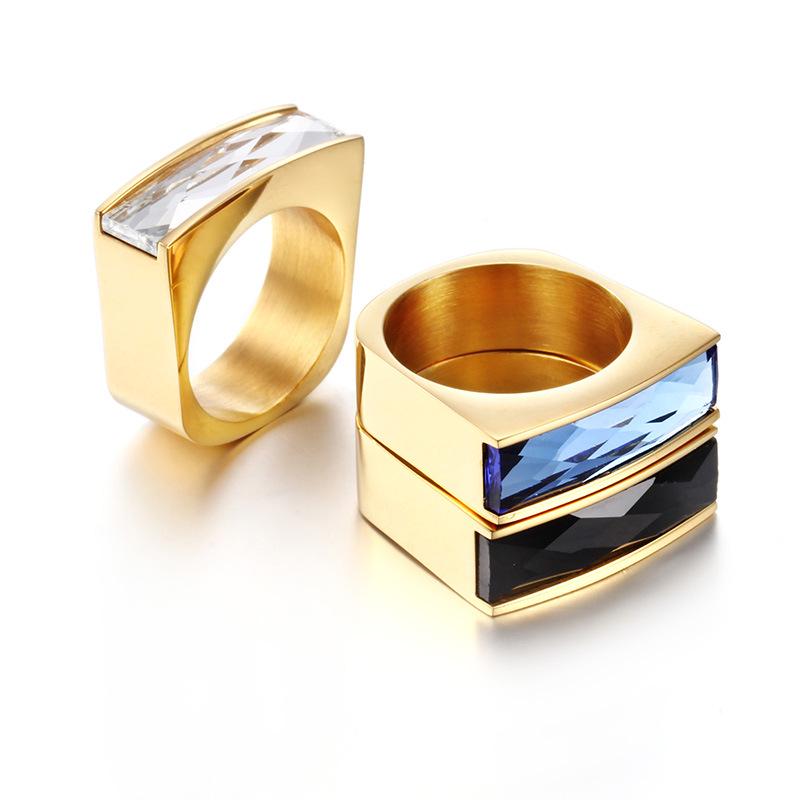 European-American Minimalist Gold Stainless Steel Multicolor Gemstone Ring for Women