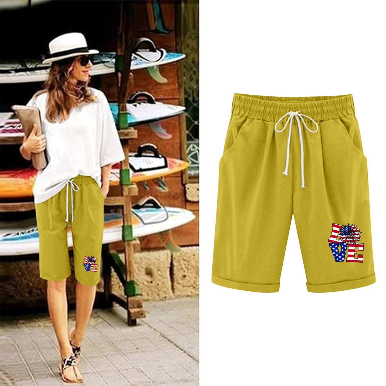 

Шорты больших размеров для женщин, эластичные пышные хлопковые льняные шорты-бермуды с эластичной резинкой на талии, повседневная пляжная одежда XL жёлтый