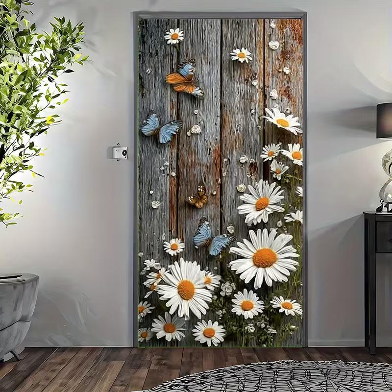 

2D Rustic Wooden Background with Daisies and Butterflies Door Decoration 47.2x31.5inch/120*80cm