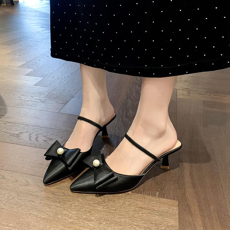 Fashion Pearl Butterfly Knot Head Slippers Summer New Pointed Head Shallow Mouth Line with Anti-slip Wear-resistant Heel Shoes