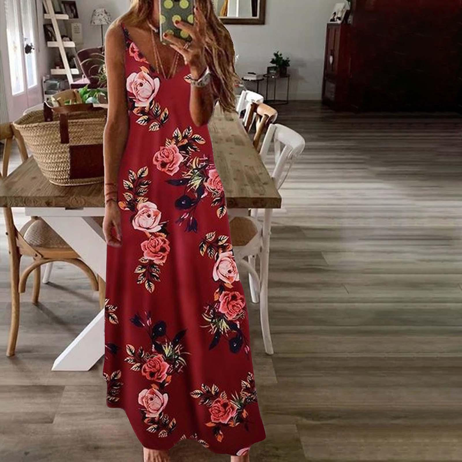 

Женские свободные платья с принтом без рукавов, повседневное длинное платье с карманами L красный