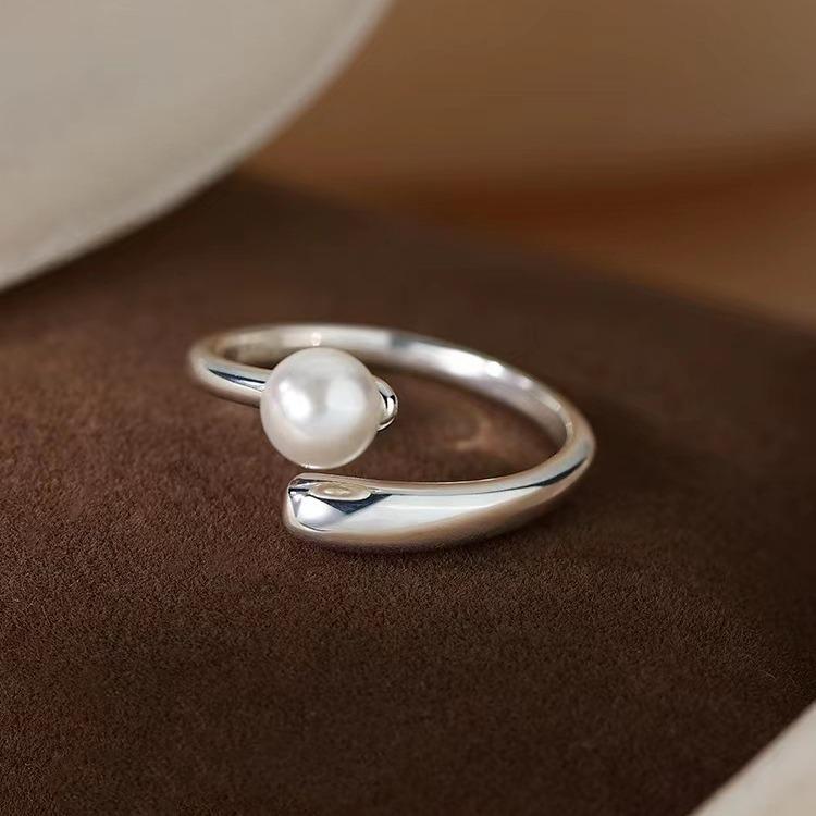 925 Sølvbelagt Perle Åpen Ring - Elegant Luksus for Kvinner