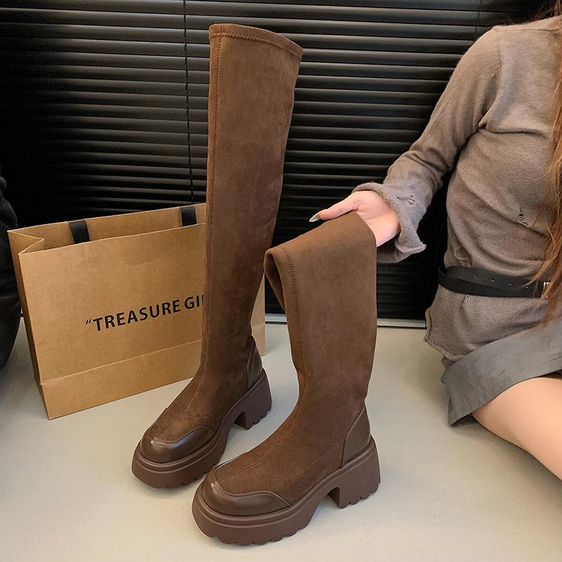 Модные длинные сапоги женские на высоком каблуке замшевые модные туфли на массивном каблуке дизайнерские ботфорты 2025 повседневные новые зимние mujer botas 35 коричневый 5070₽